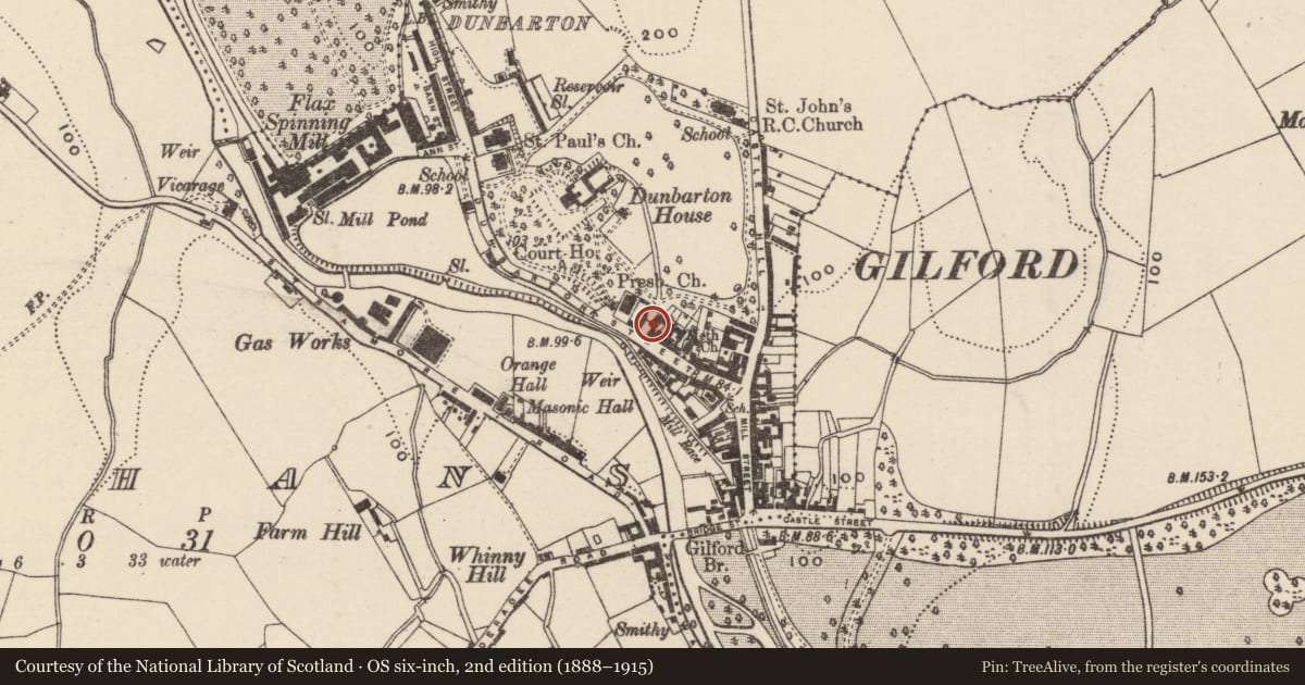 Ordnance Survey six-inch map, 2nd edition (1888–1915) covering the location of Dunbarton Lodge, Loughans, Armagh City, Banbridge and Craigavon, with a pin at the register's coordinates