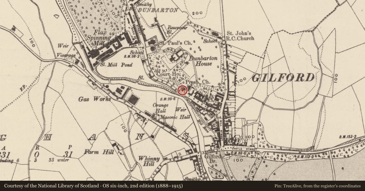 Ordnance Survey six-inch map, 2nd edition (1888–1915) covering the location of Lodge, Loughans, Armagh City, Banbridge and Craigavon, with a pin at the register's coordinates