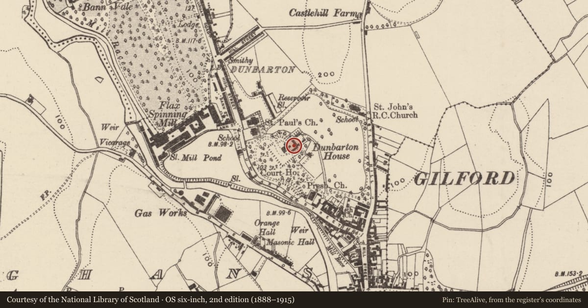 Ordnance Survey six-inch map, 2nd edition (1888–1915) covering the location of Outbuildings, Loughans, Armagh City, Banbridge and Craigavon, with a pin at the register's coordinates