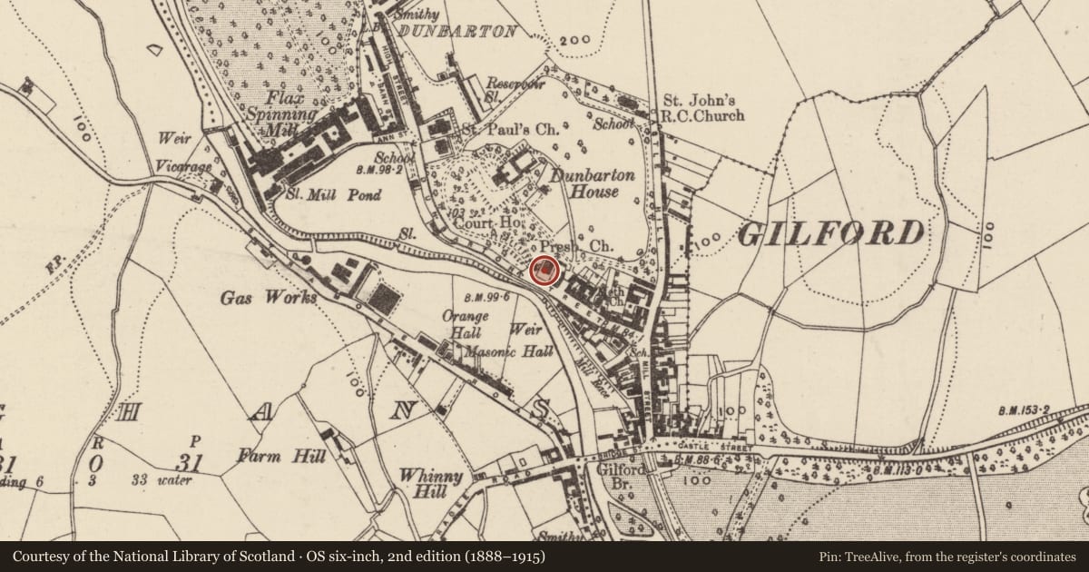 Ordnance Survey six-inch map, 2nd edition (1888–1915) covering the location of Dunbarton Street Presbyterian Church, Loughans, Armagh City, Banbridge and Craigavon, with a pin at the register's coordinates