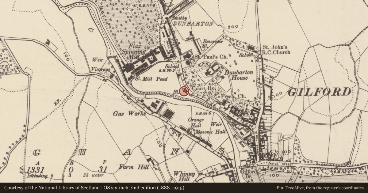Ordnance Survey six-inch map, 2nd edition (1888–1915) covering the location of Dunbarton, Loughans, Armagh City, Banbridge and Craigavon, with a pin at the register's coordinates