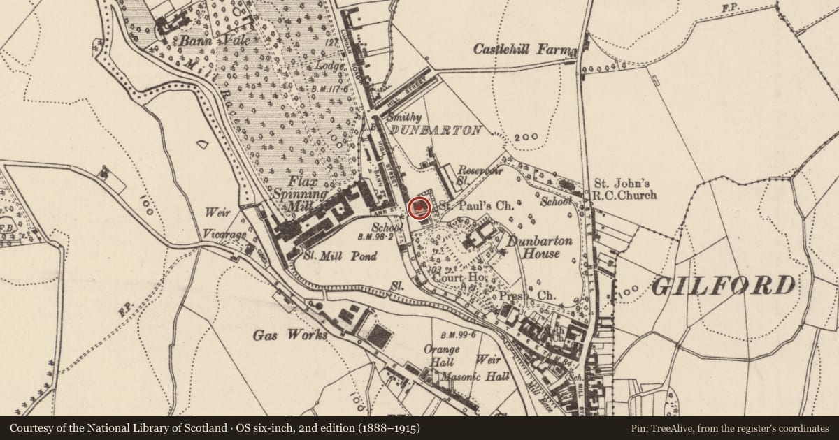 Ordnance Survey six-inch map, 2nd edition (1888–1915) covering the location of St. Paul's Church of Ireland, Loughans, Armagh City, Banbridge and Craigavon, with a pin at the register's coordinates