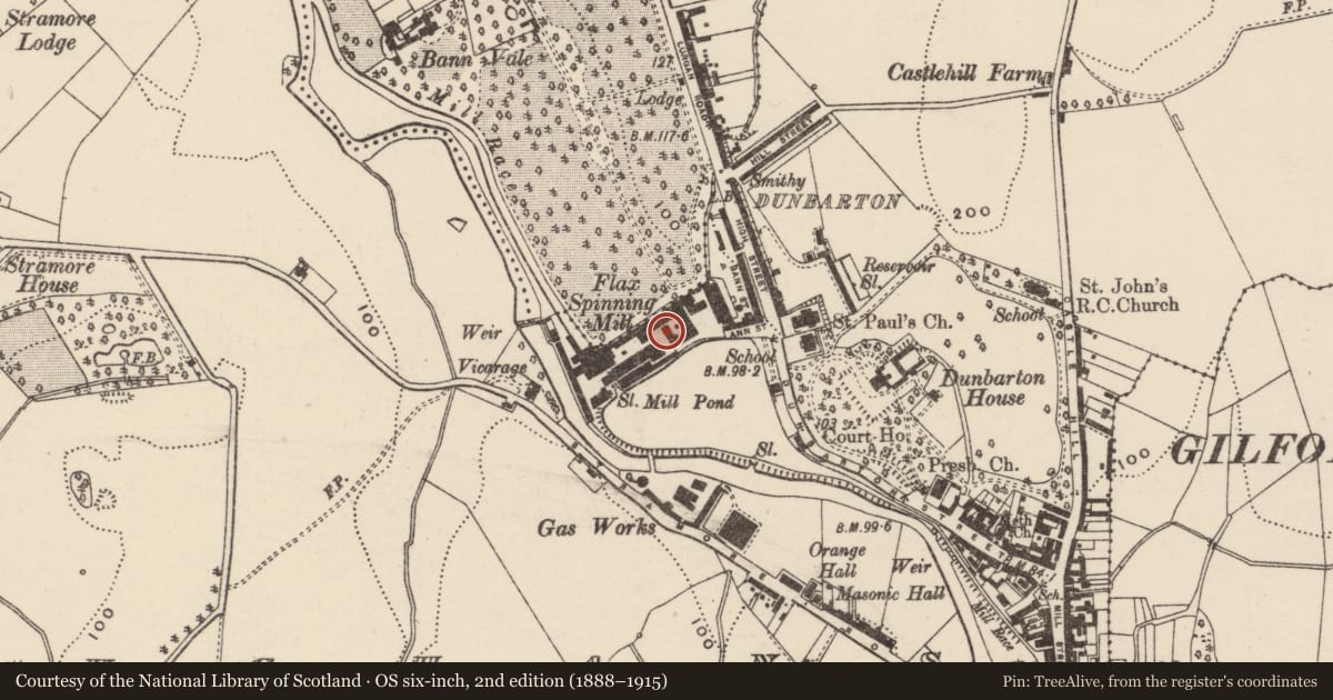 Ordnance Survey six-inch map, 2nd edition (1888–1915) covering the location of Central Block, Loughlans, Armagh City, Banbridge and Craigavon, with a pin at the register's coordinates