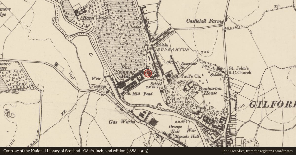 Ordnance Survey six-inch map, 2nd edition (1888–1915) covering the location of Flax Store and Weigh Room, Loughans, Armagh City, Banbridge and Craigavon, with a pin at the register's coordinates