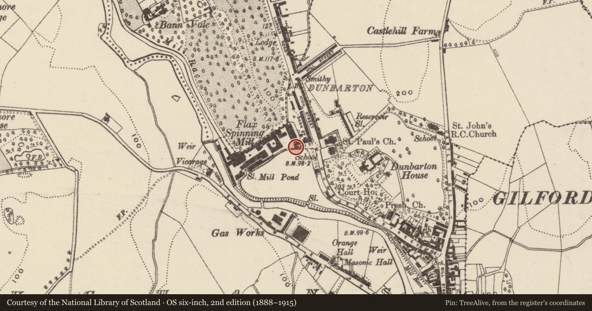 Ordnance Survey six-inch map, 2nd edition (1888–1915) covering the location of 2 Ann Street, Loughans, Armagh City, Banbridge and Craigavon, with a pin at the register's coordinates