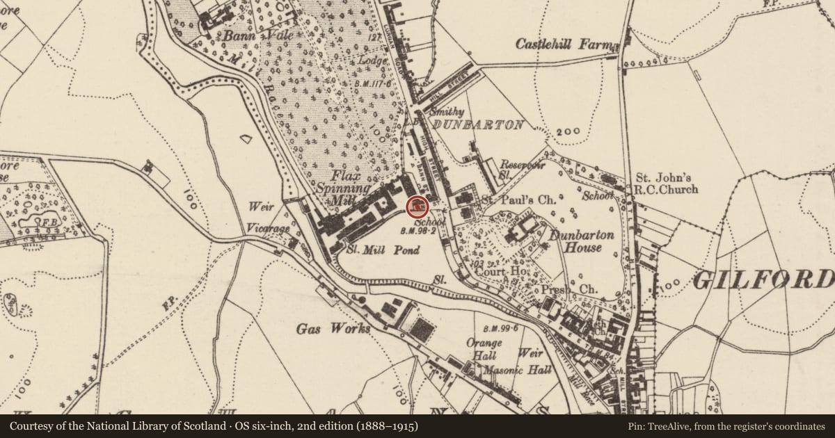 Ordnance Survey six-inch map, 2nd edition (1888–1915) covering the location of 3 Ann Street, Loughans, Armagh City, Banbridge and Craigavon, with a pin at the register's coordinates