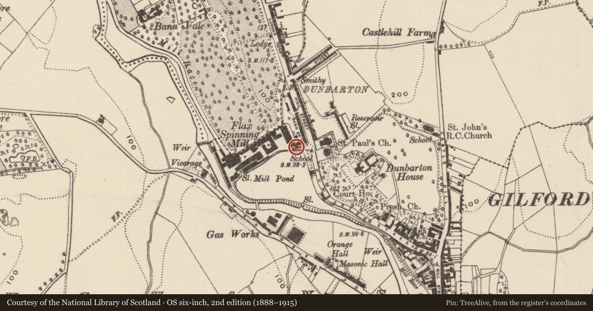 Ordnance Survey six-inch map, 2nd edition (1888–1915) covering the location of 5 Ann Street, Loughans, Armagh City, Banbridge and Craigavon, with a pin at the register's coordinates