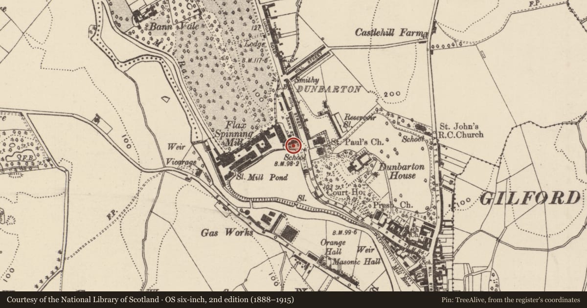 Ordnance Survey six-inch map, 2nd edition (1888–1915) covering the location of 7 Ann Street, Loughans, Armagh City, Banbridge and Craigavon, with a pin at the register's coordinates