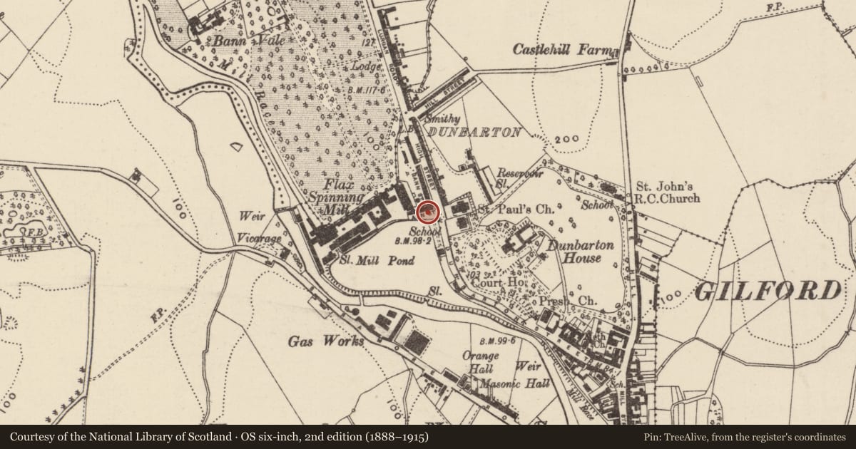 Ordnance Survey six-inch map, 2nd edition (1888–1915) covering the location of 8 Ann Street, Loughans, Armagh City, Banbridge and Craigavon, with a pin at the register's coordinates