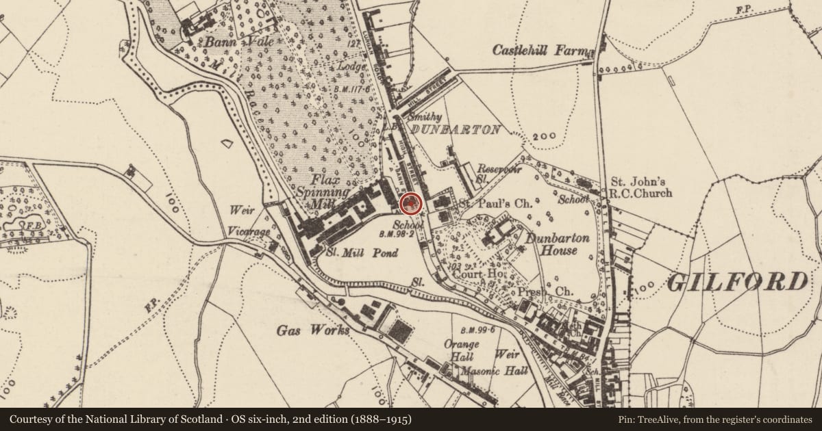 Ordnance Survey six-inch map, 2nd edition (1888–1915) covering the location of 9 Ann Street, Loughans, Armagh City, Banbridge and Craigavon, with a pin at the register's coordinates