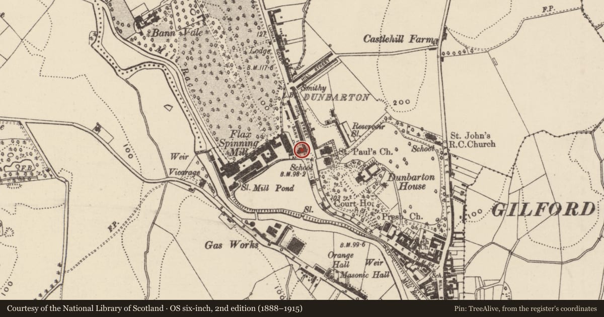 Ordnance Survey six-inch map, 2nd edition (1888–1915) covering the location of 10 Ann Street, loughans, Armagh City, Banbridge and Craigavon, with a pin at the register's coordinates