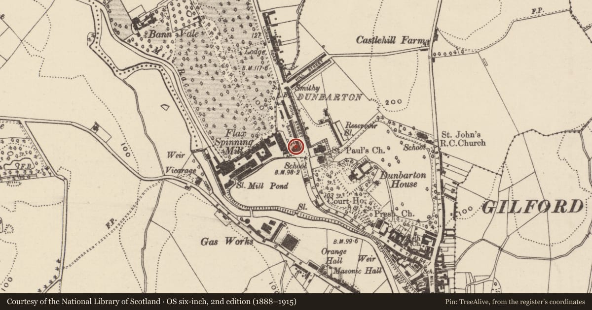 Ordnance Survey six-inch map, 2nd edition (1888–1915) covering the location of 11 Ann Street, Loughans, Armagh City, Banbridge and Craigavon, with a pin at the register's coordinates