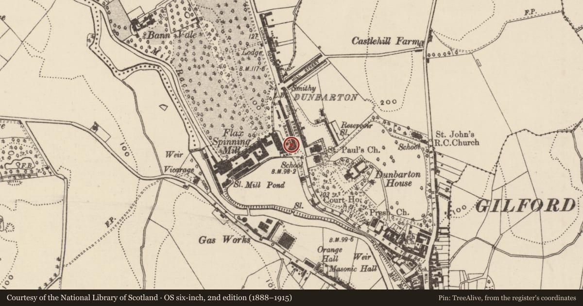 Ordnance Survey six-inch map, 2nd edition (1888–1915) covering the location of 12 Ann Street, Loughans, Armagh City, Banbridge and Craigavon, with a pin at the register's coordinates