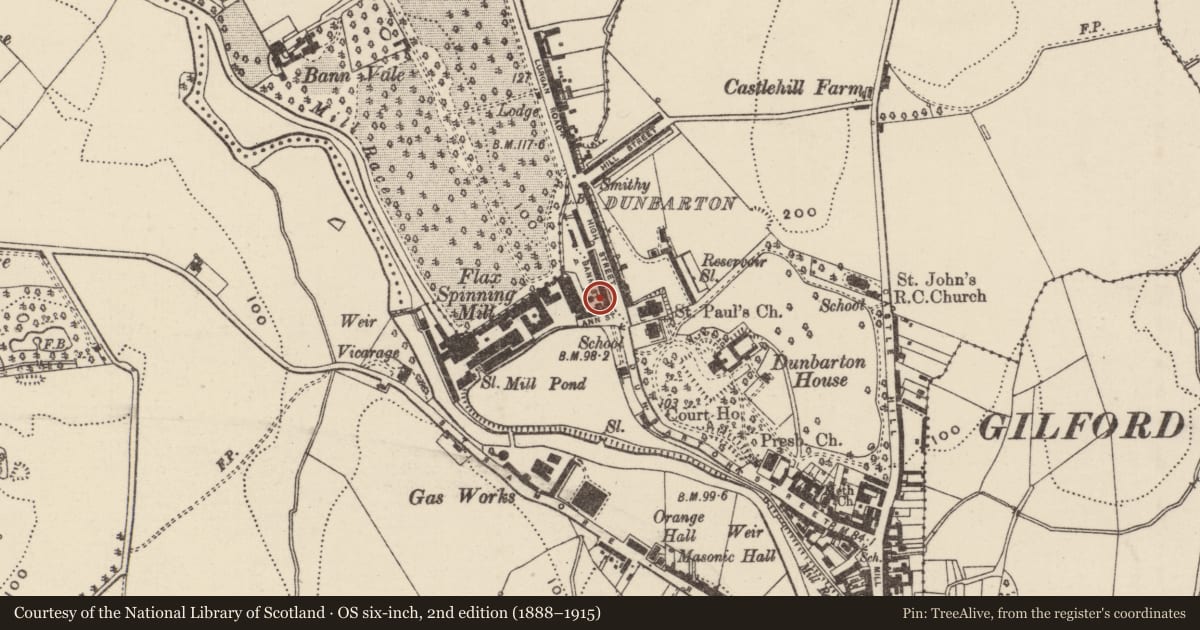 Ordnance Survey six-inch map, 2nd edition (1888–1915) covering the location of 13 Ann Street, Loughans, Armagh City, Banbridge and Craigavon, with a pin at the register's coordinates