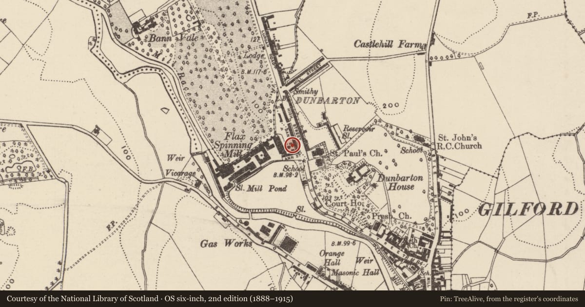 Ordnance Survey six-inch map, 2nd edition (1888–1915) covering the location of 14 Ann Street, Loughans, Armagh City, Banbridge and Craigavon, with a pin at the register's coordinates