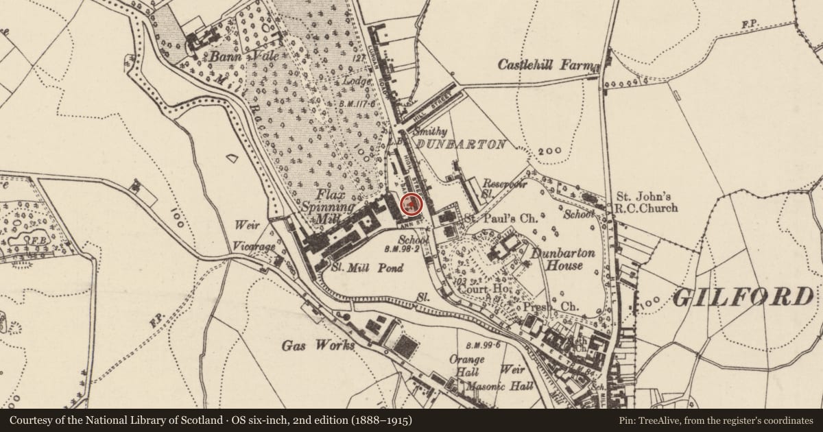 Ordnance Survey six-inch map, 2nd edition (1888–1915) covering the location of 15 Ann Street, Loughans, Armagh City, Banbridge and Craigavon, with a pin at the register's coordinates