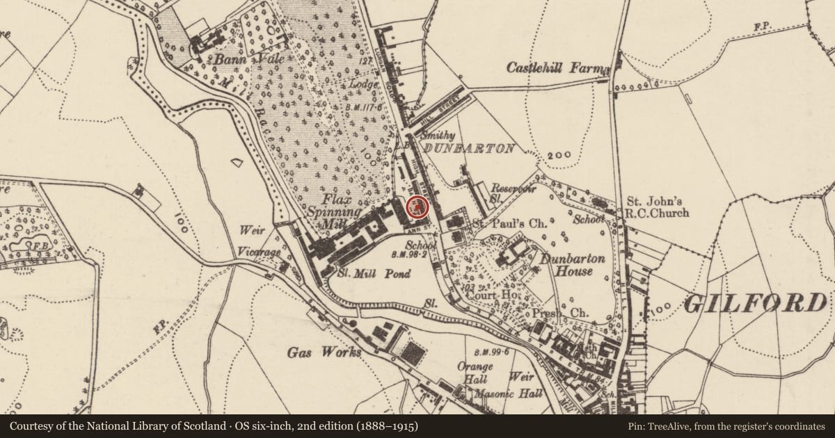 Ordnance Survey six-inch map, 2nd edition (1888–1915) covering the location of 16 Ann Street, Loughans, Armagh City, Banbridge and Craigavon, with a pin at the register's coordinates