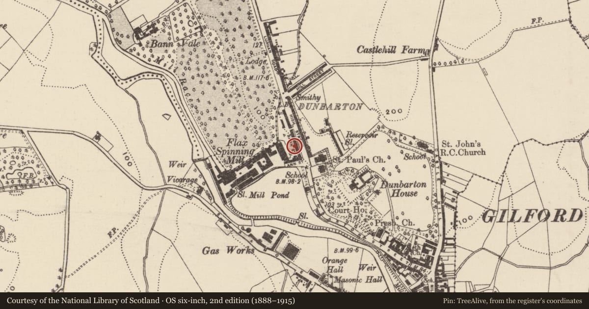 Ordnance Survey six-inch map, 2nd edition (1888–1915) covering the location of 17 Ann Street, Loughans, Armagh City, Banbridge and Craigavon, with a pin at the register's coordinates