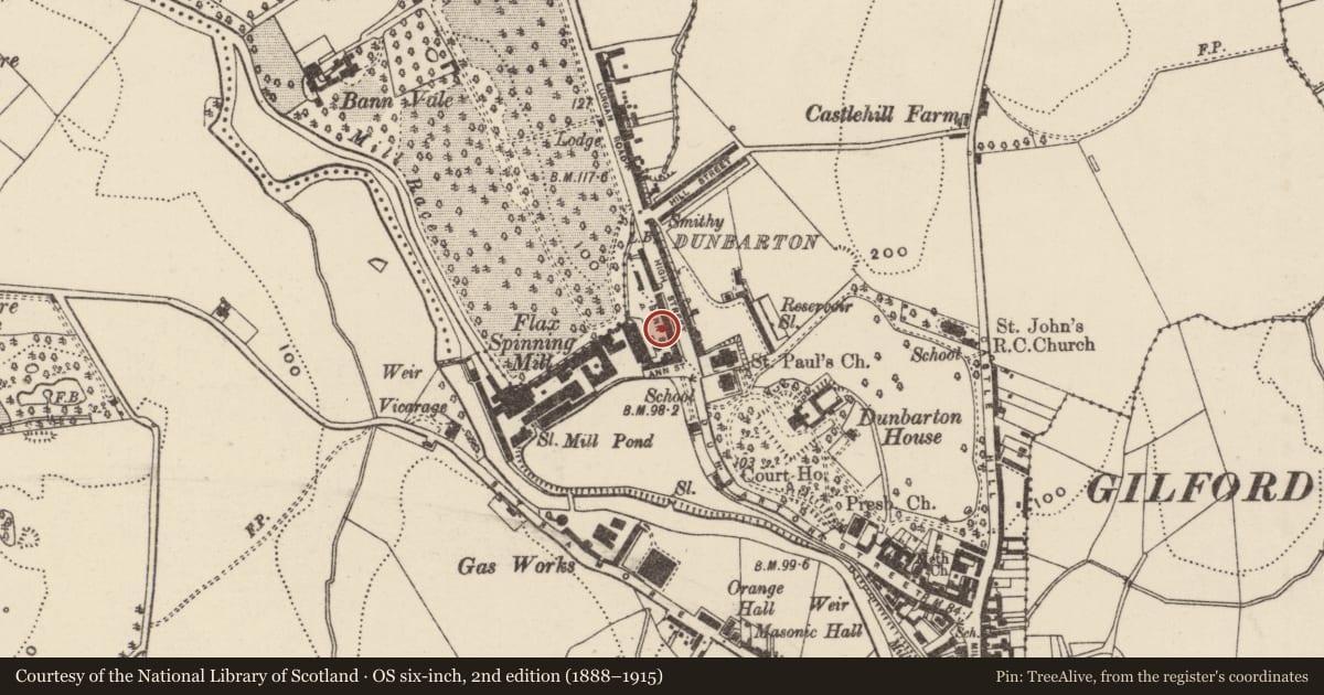 Ordnance Survey six-inch map, 2nd edition (1888–1915) covering the location of 18 Ann Street, Loughans, Armagh City, Banbridge and Craigavon, with a pin at the register's coordinates