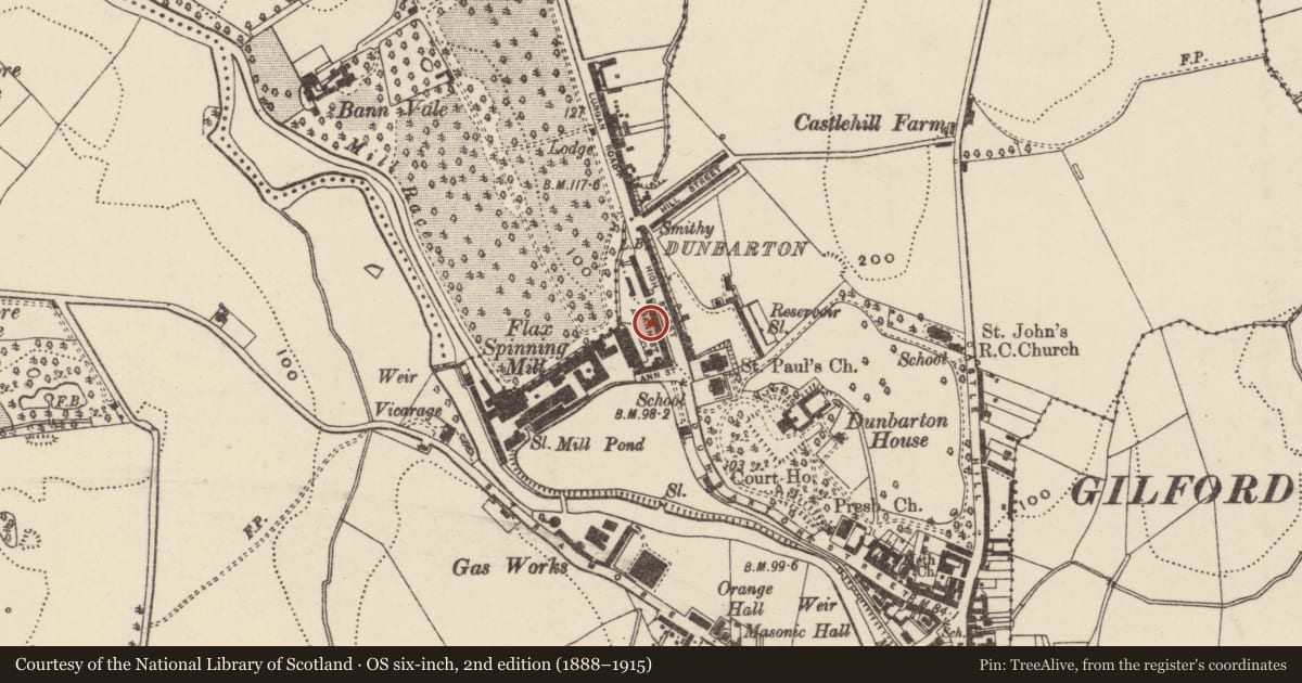Ordnance Survey six-inch map, 2nd edition (1888–1915) covering the location of 21 Ann Street, Loughans, Armagh City, Banbridge and Craigavon, with a pin at the register's coordinates