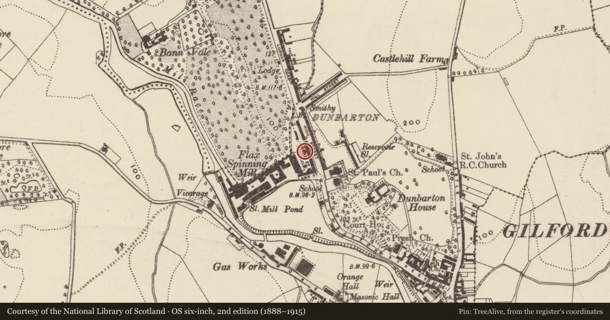 Ordnance Survey six-inch map, 2nd edition (1888–1915) covering the location of 22 Ann Street, Loughans, Armagh City, Banbridge and Craigavon, with a pin at the register's coordinates