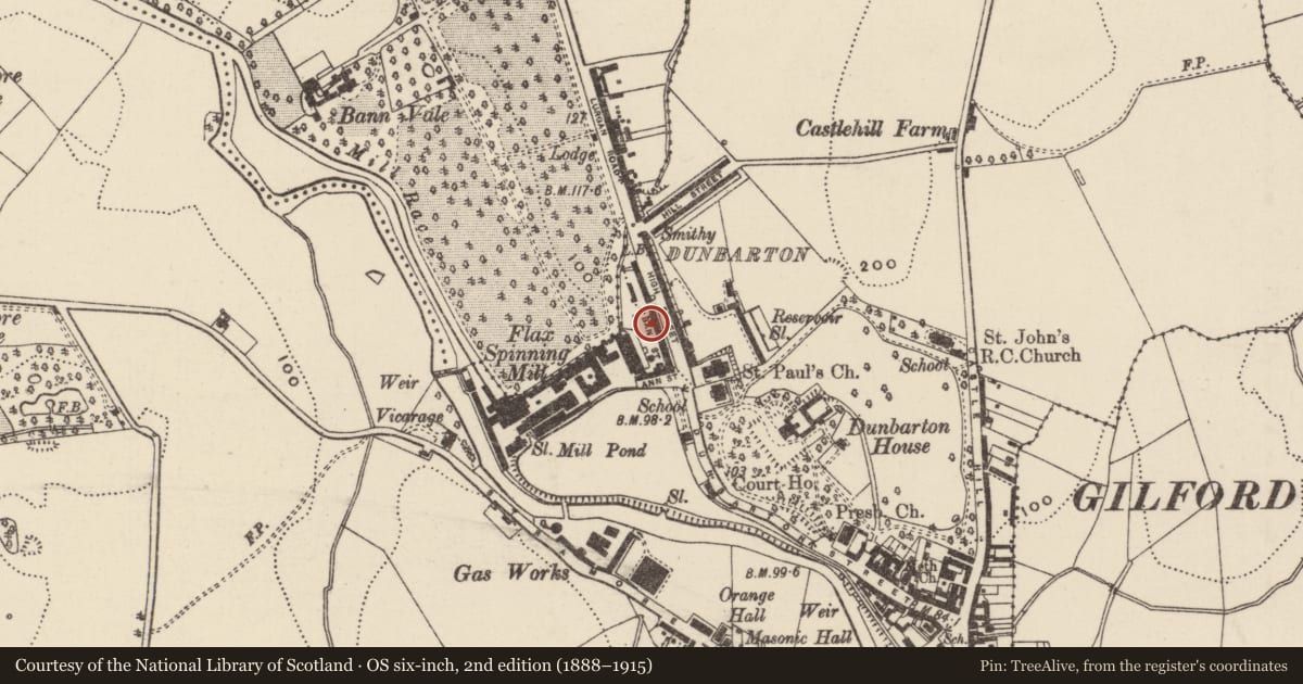 Ordnance Survey six-inch map, 2nd edition (1888–1915) covering the location of 23 Ann Street, Loughans, Armagh City, Banbridge and Craigavon, with a pin at the register's coordinates