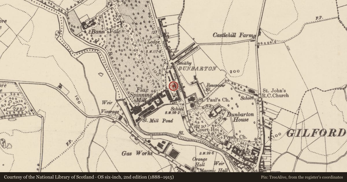 Ordnance Survey six-inch map, 2nd edition (1888–1915) covering the location of 24 Ann Street, Loughans, Armagh City, Banbridge and Craigavon, with a pin at the register's coordinates