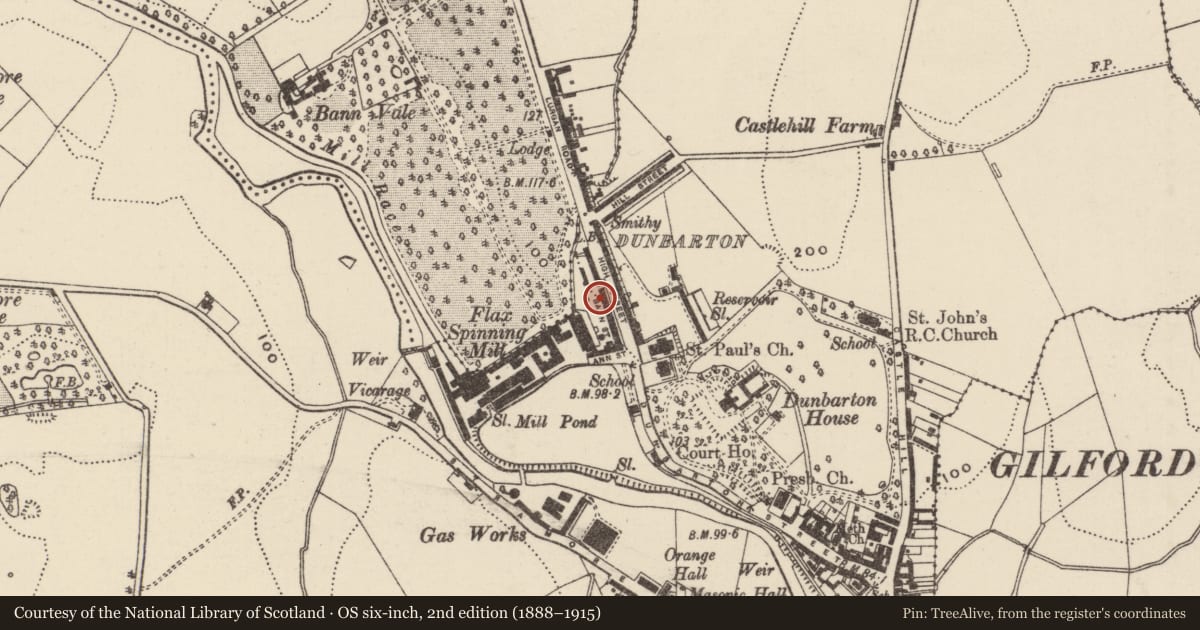 Ordnance Survey six-inch map, 2nd edition (1888–1915) covering the location of 25 Ann Street, Loughans, Armagh City, Banbridge and Craigavon, with a pin at the register's coordinates