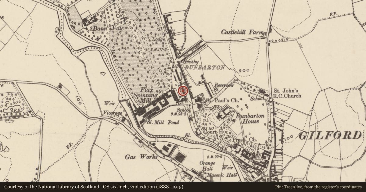 Ordnance Survey six-inch map, 2nd edition (1888–1915) covering the location of 26 Ann Street, Loughans, Armagh City, Banbridge and Craigavon, with a pin at the register's coordinates