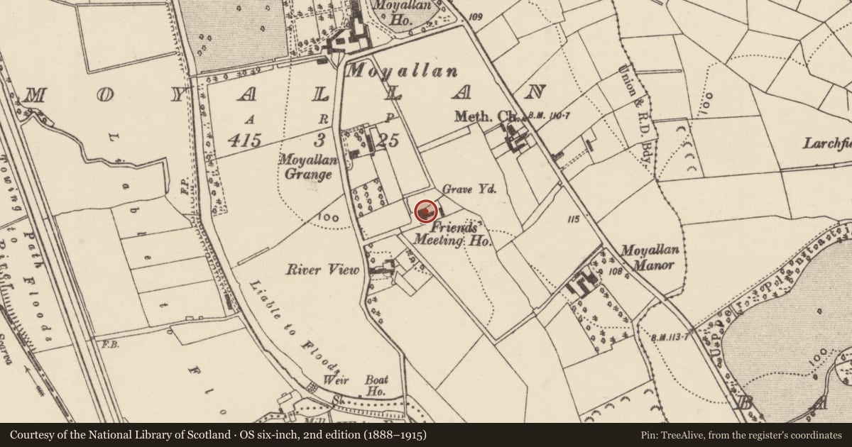 Ordnance Survey six-inch map, 2nd edition (1888–1915) covering the location of Moyallen Friends Meeting House, Armagh City, Banbridge and Craigavon, with a pin at the register's coordinates