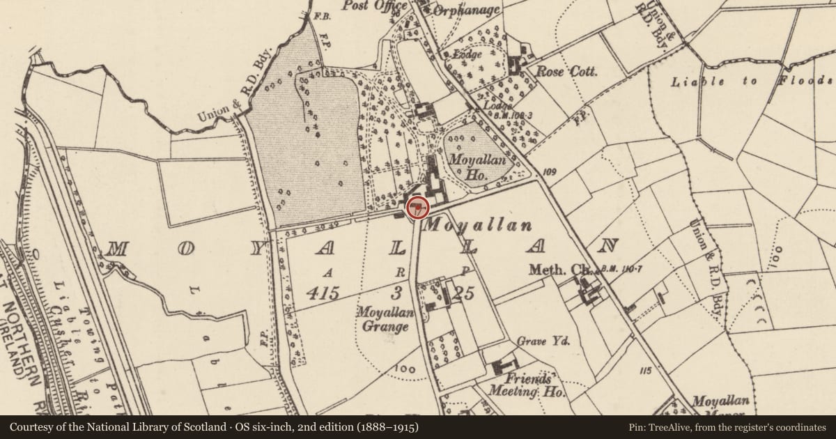 Ordnance Survey six-inch map, 2nd edition (1888–1915) covering the location of Gate Lodge, Moyallan, Armagh City, Banbridge and Craigavon, with a pin at the register's coordinates