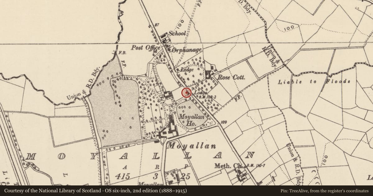 Ordnance Survey six-inch map, 2nd edition (1888–1915) covering the location of Gate Lodge, Moyallan, Armagh City, Banbridge and Craigavon, with a pin at the register's coordinates