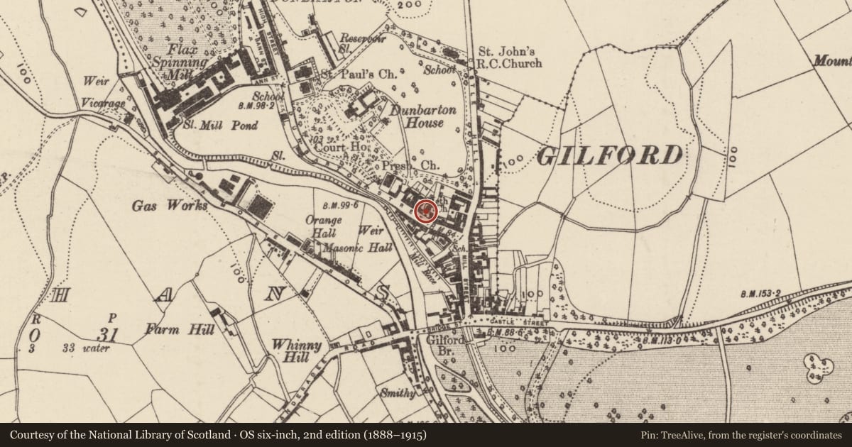 Ordnance Survey six-inch map, 2nd edition (1888–1915) covering the location of Gilford Free Presbyterian Church, Loughans, Armagh City, Banbridge and Craigavon, with a pin at the register's coordinates