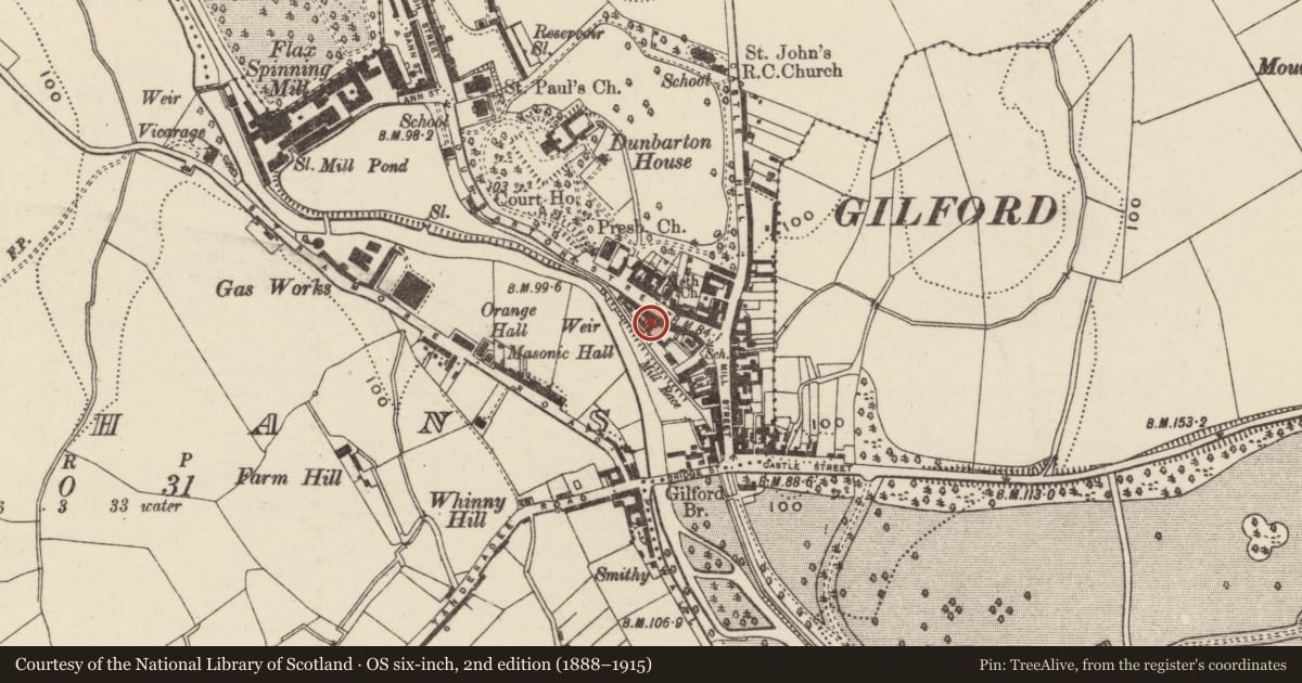 Ordnance Survey six-inch map, 2nd edition (1888–1915) covering the location of Dunbarton Street, Armagh City, Banbridge and Craigavon, with a pin at the register's coordinates