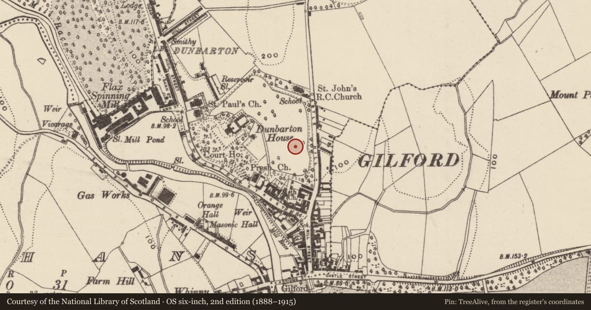 Ordnance Survey six-inch map, 2nd edition (1888–1915) covering the location of Gilford Primary School, Loughans, Armagh City, Banbridge and Craigavon, with a pin at the register's coordinates