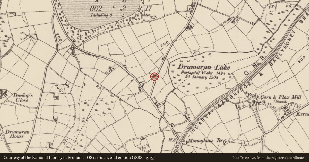 Ordnance Survey six-inch map, 2nd edition (1888–1915) covering the location of 4 Drumaran Road, Armagh City, Banbridge and Craigavon, with a pin at the register's coordinates