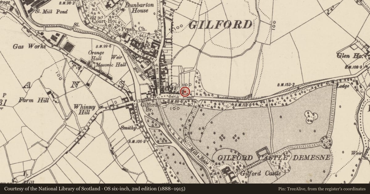 Ordnance Survey six-inch map, 2nd edition (1888–1915) covering the location of Former RUC Station, Drumaran, Armagh City, Banbridge and Craigavon, with a pin at the register's coordinates
