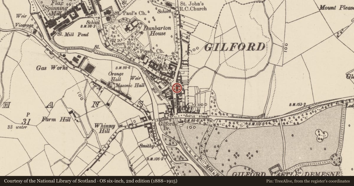 Ordnance Survey six-inch map, 2nd edition (1888–1915) covering the location of 38 Mill Street, Loughans, Armagh City, Banbridge and Craigavon, with a pin at the register's coordinates