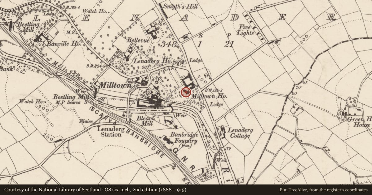 Ordnance Survey six-inch map, 2nd edition (1888–1915) covering the location of Milltown House, Lenaderg, Armagh City, Banbridge and Craigavon, with a pin at the register's coordinates