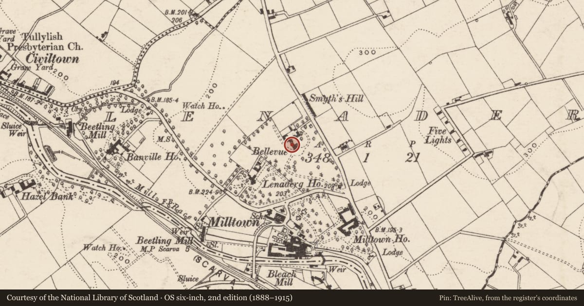 Ordnance Survey six-inch map, 2nd edition (1888–1915) covering the location of Bellfield, Lenaderg, Armagh City, Banbridge and Craigavon, with a pin at the register's coordinates