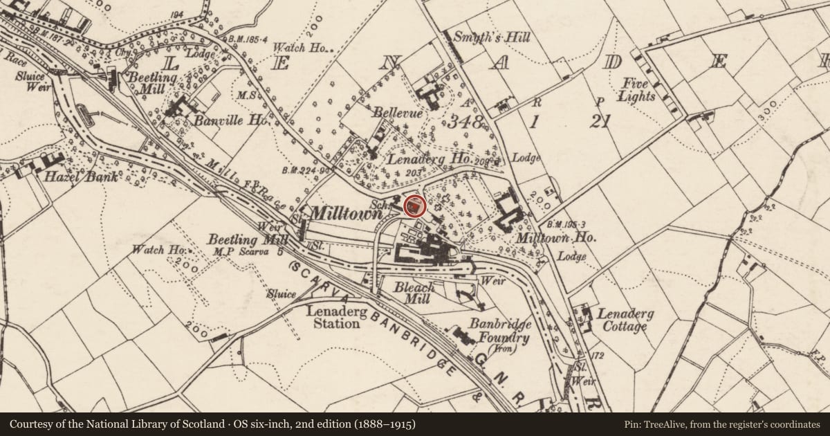 Ordnance Survey six-inch map, 2nd edition (1888–1915) covering the location of Lenaderg Post Office, Armagh City, Banbridge and Craigavon, with a pin at the register's coordinates