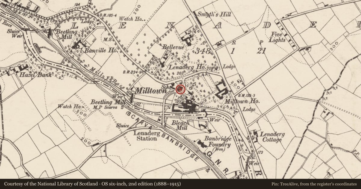Ordnance Survey six-inch map, 2nd edition (1888–1915) covering the location of 190 Huntly Road, Lenaderg, Armagh City, Banbridge and Craigavon, with a pin at the register's coordinates