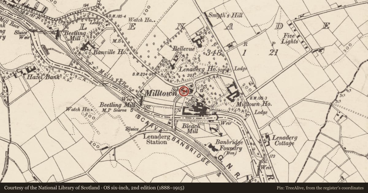 Ordnance Survey six-inch map, 2nd edition (1888–1915) covering the location of 170 Huntly Road, Lenaderg, Armagh City, Banbridge and Craigavon, with a pin at the register's coordinates