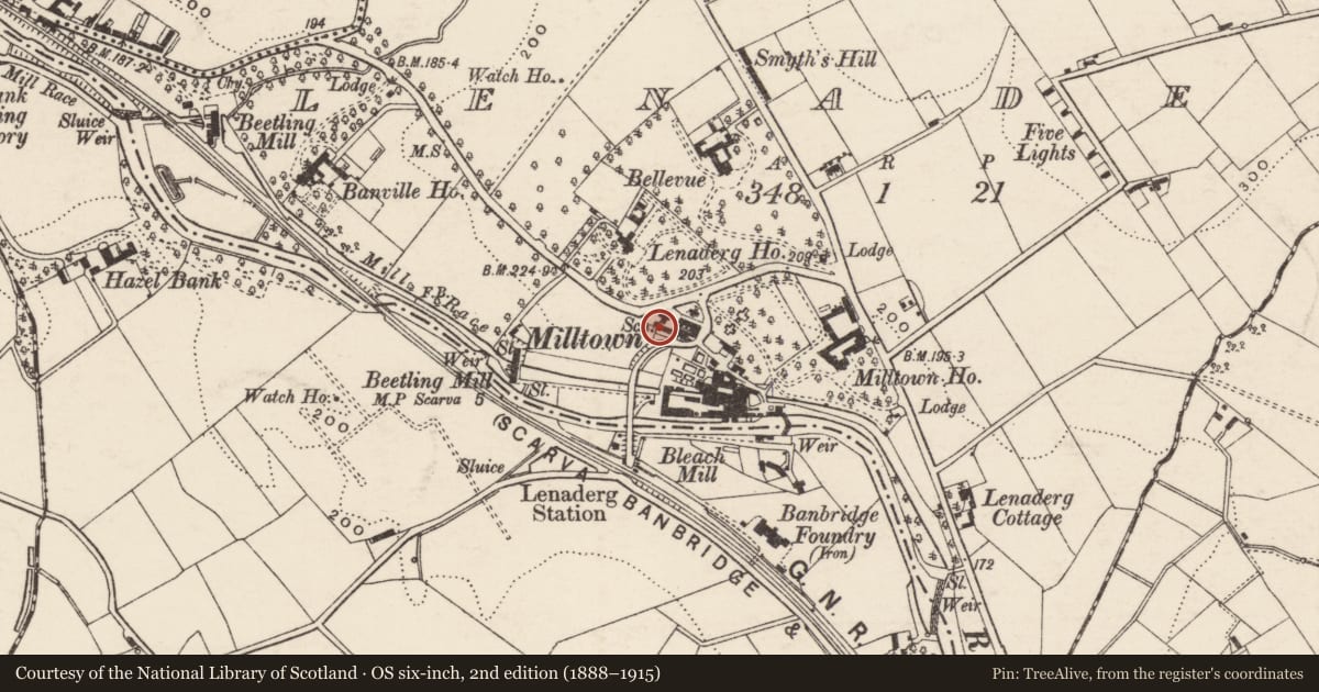 Ordnance Survey six-inch map, 2nd edition (1888–1915) covering the location of 174 Huntly Road, Lenaderg, Armagh City, Banbridge and Craigavon, with a pin at the register's coordinates