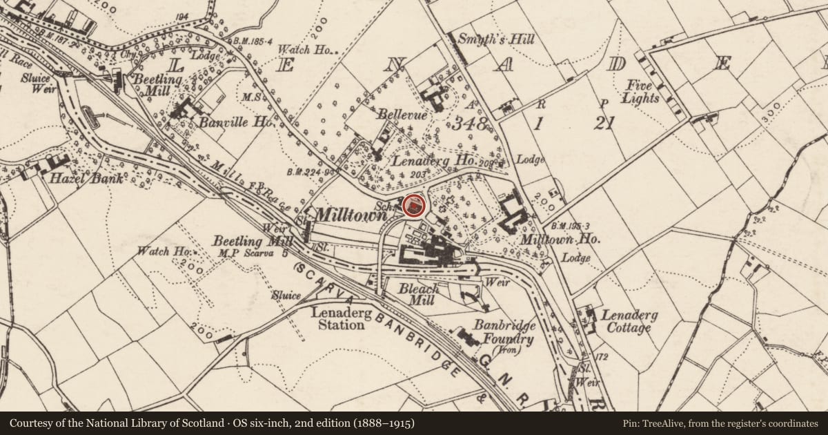 Ordnance Survey six-inch map, 2nd edition (1888–1915) covering the location of 2 Dandy Row, Lenaderg, Armagh City, Banbridge and Craigavon, with a pin at the register's coordinates