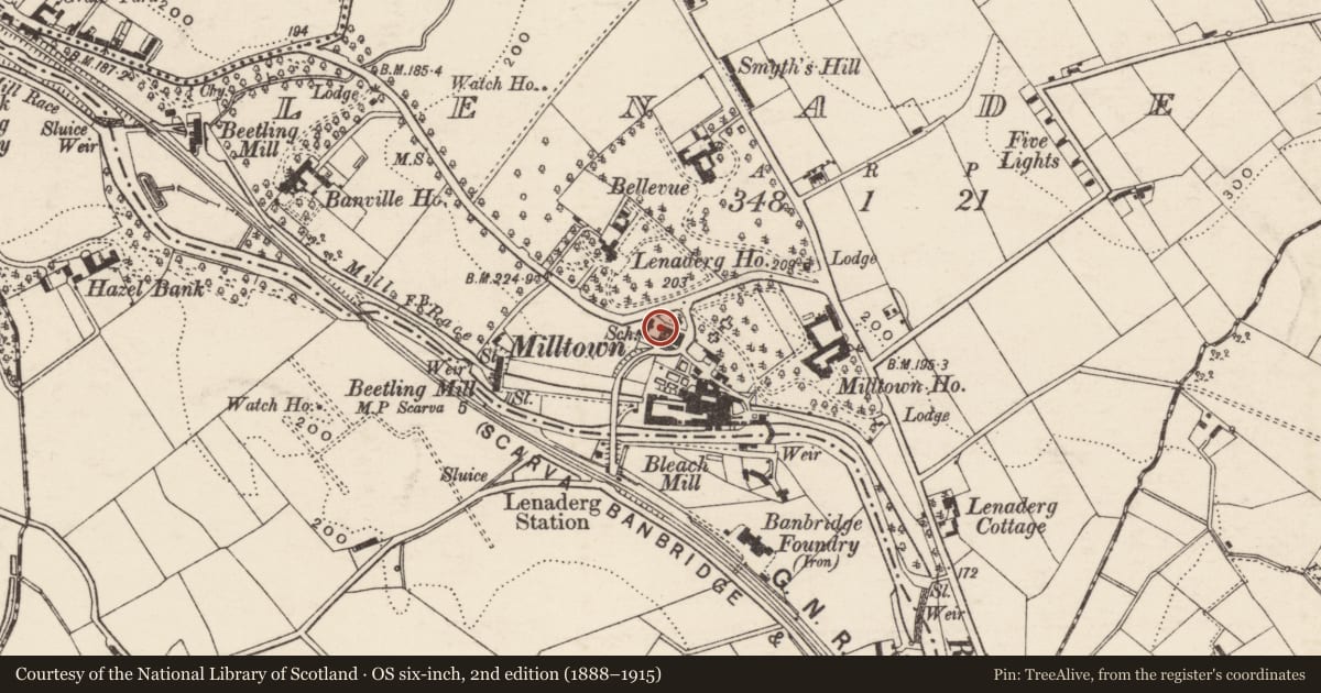 Ordnance Survey six-inch map, 2nd edition (1888–1915) covering the location of 5 Dandy Row, Lenaderg, Armagh City, Banbridge and Craigavon, with a pin at the register's coordinates
