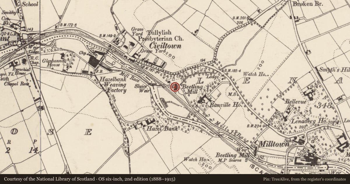 Ordnance Survey six-inch map, 2nd edition (1888–1915) covering the location of 285 Banbridge Road, Armagh City, Banbridge and Craigavon, with a pin at the register's coordinates
