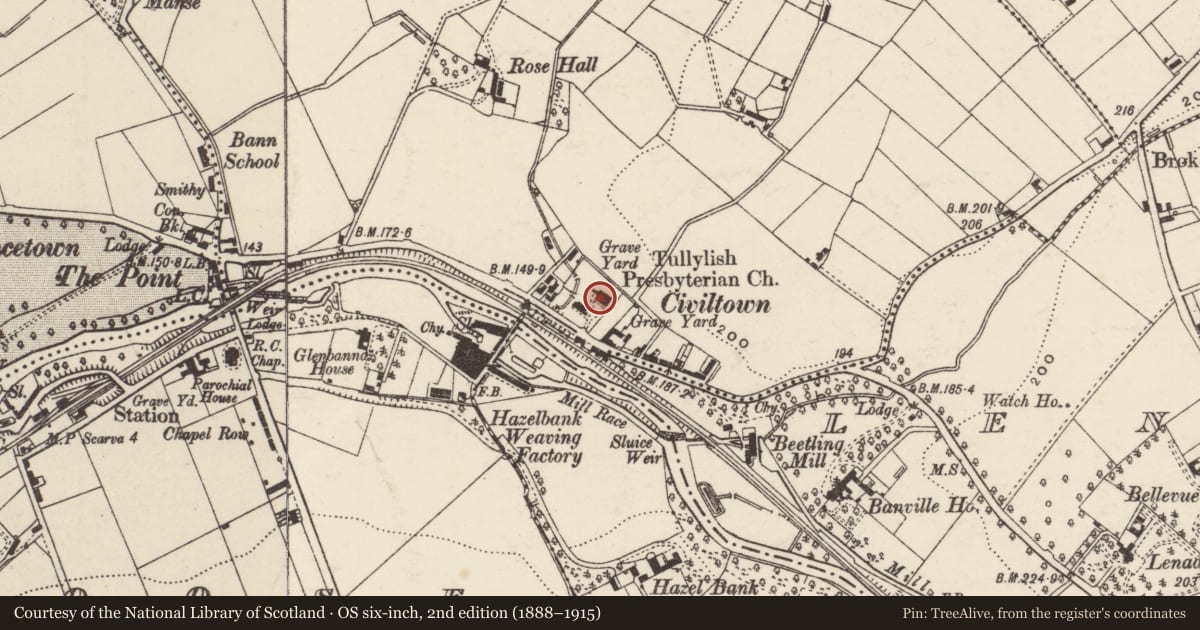 Ordnance Survey six-inch map, 2nd edition (1888–1915) covering the location of Presbyterian Church, Armagh City, Banbridge and Craigavon, with a pin at the register's coordinates