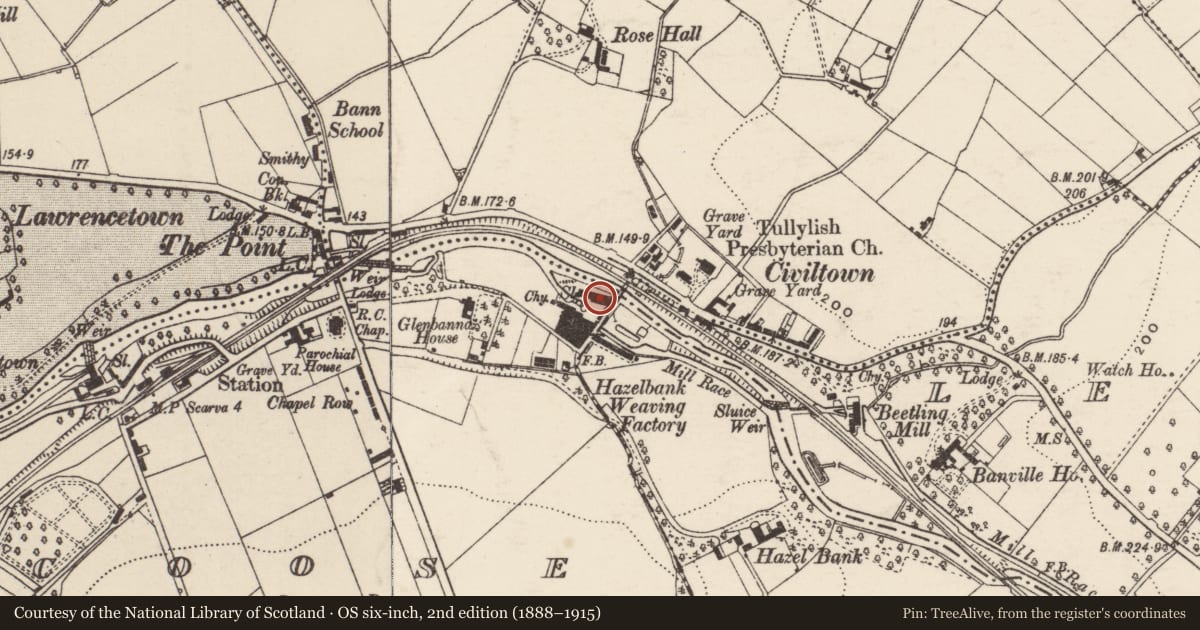 Ordnance Survey six-inch map, 2nd edition (1888–1915) covering the location of 7 Hazel Bank Road, Coose, Armagh City, Banbridge and Craigavon, with a pin at the register's coordinates