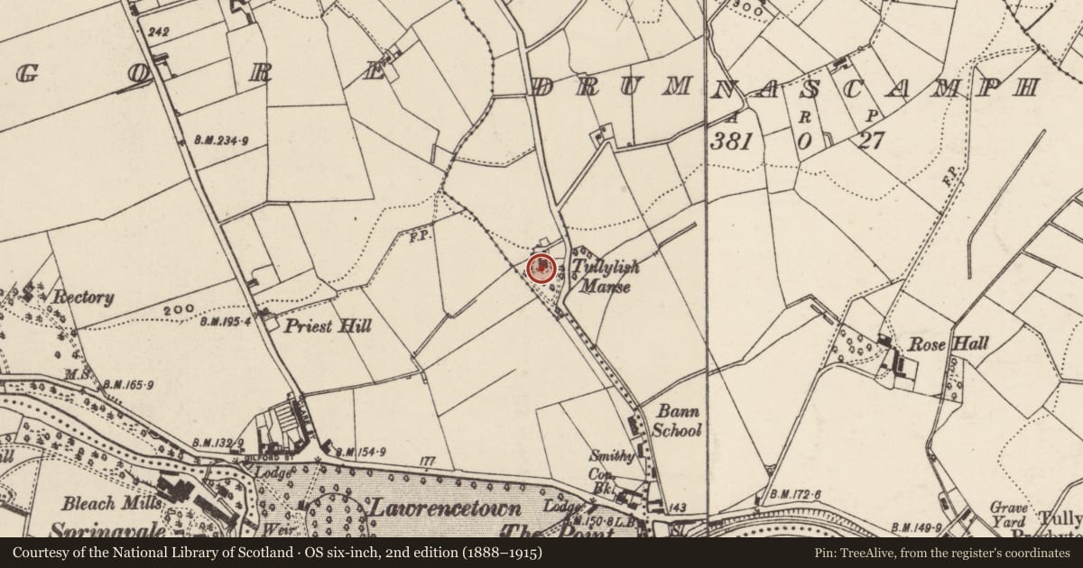 Ordnance Survey six-inch map, 2nd edition (1888–1915) covering the location of 20 Drumnascamph Road, Armagh City, Banbridge and Craigavon, with a pin at the register's coordinates